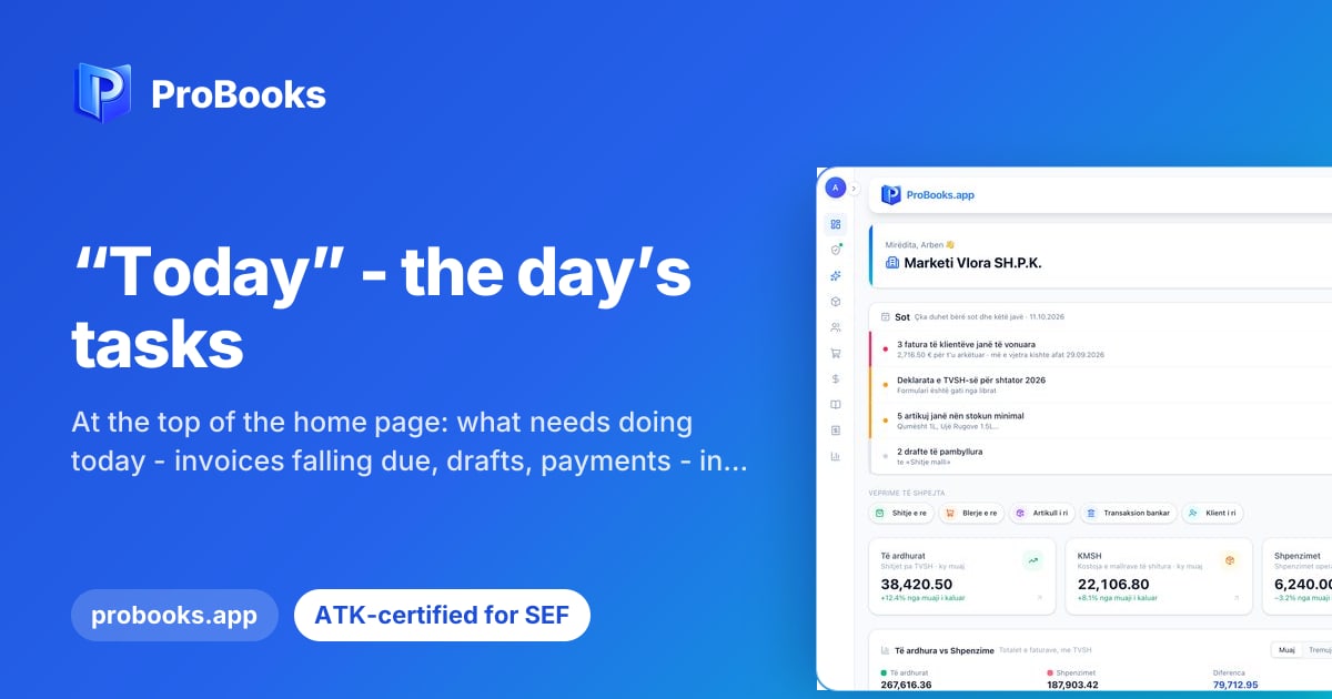 The ProBooks company home page with the Sot (Today) card at the top, the notification bell and key figures