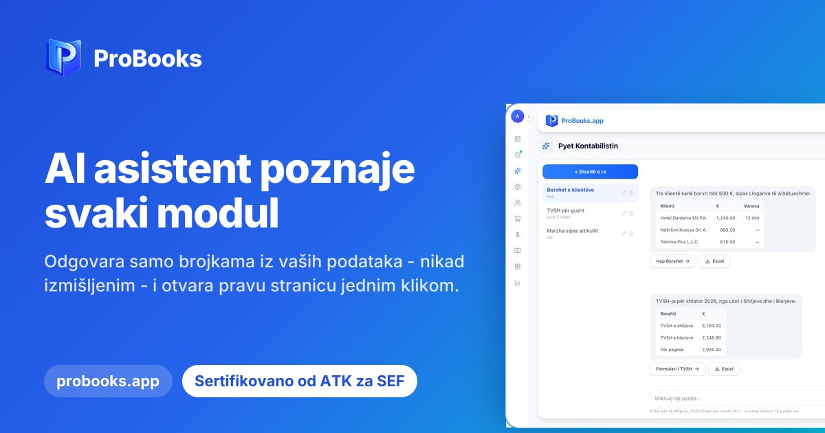 Razgovor sa AI asistentom ProBooks-a, sa odgovorima u tabelama iz podataka firme
