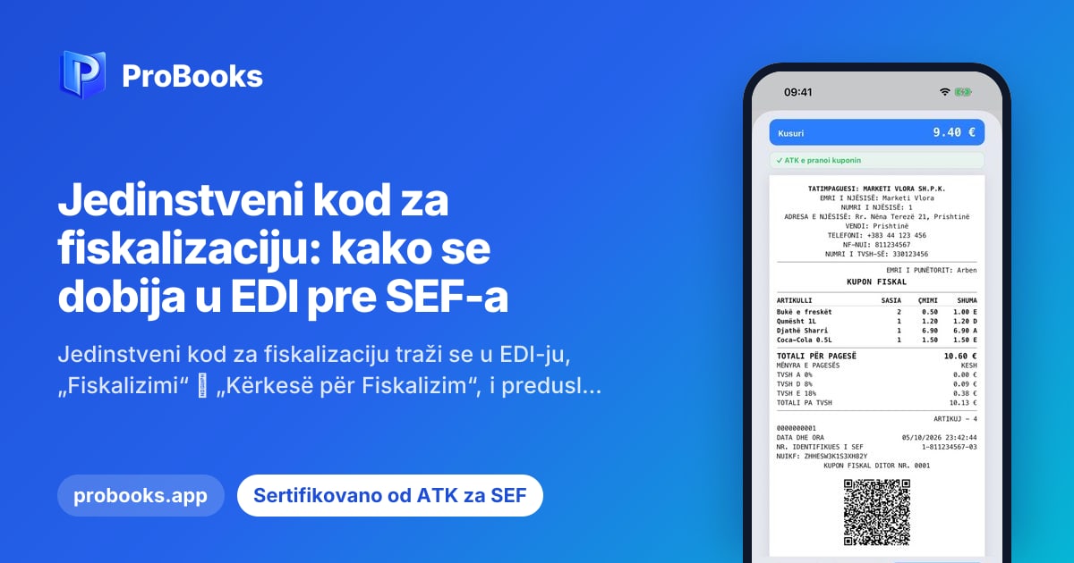Fiskalni račun izdat iz ProBooks SEF-a i prihvaćen od ATK