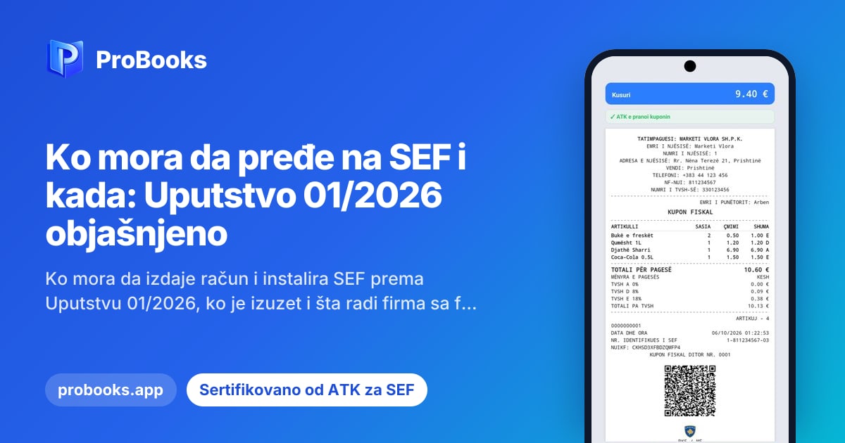 Fiskalni račun iz ProBooks SEF-a na Androidu, prihvaćen od ATK