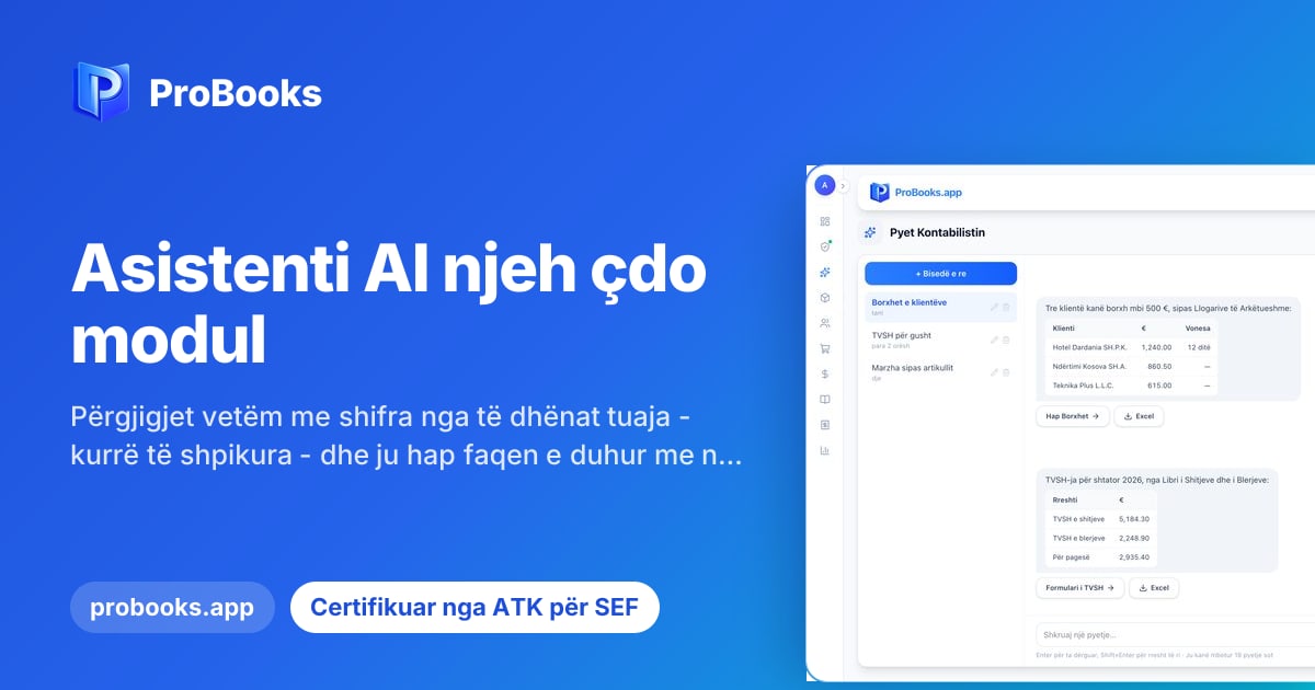 Biseda me asistentin AI të ProBooks, me përgjigje në tabela nga të dhënat e kompanisë