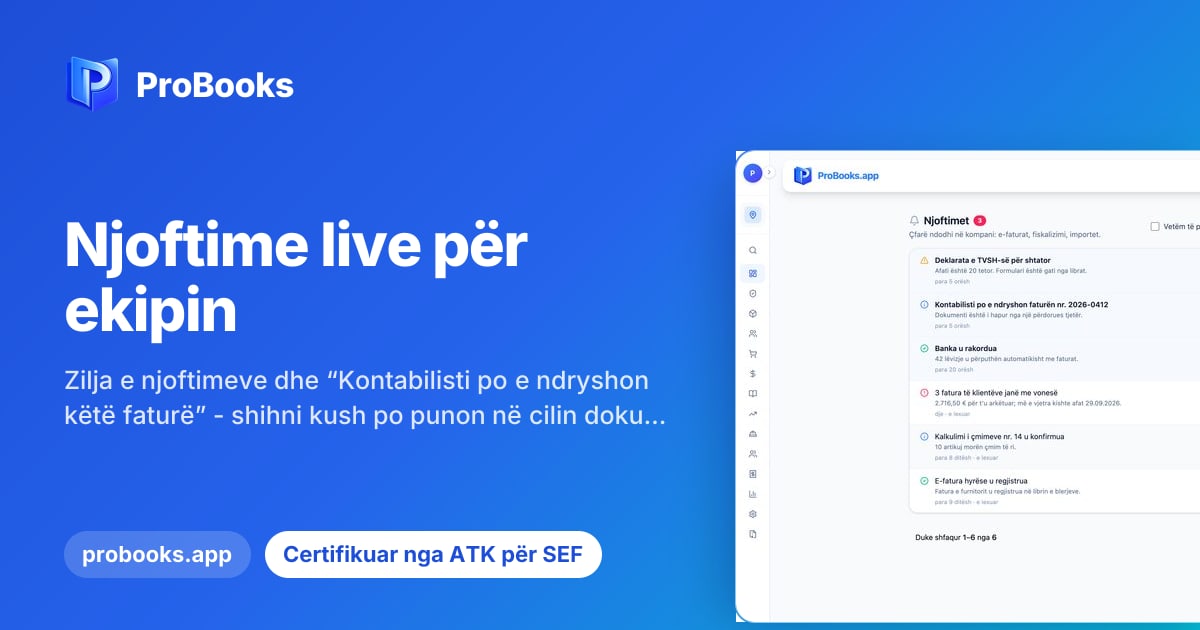 Paneli i ProBooks në ueb me zilen e njoftimeve në shiritin e sipërm