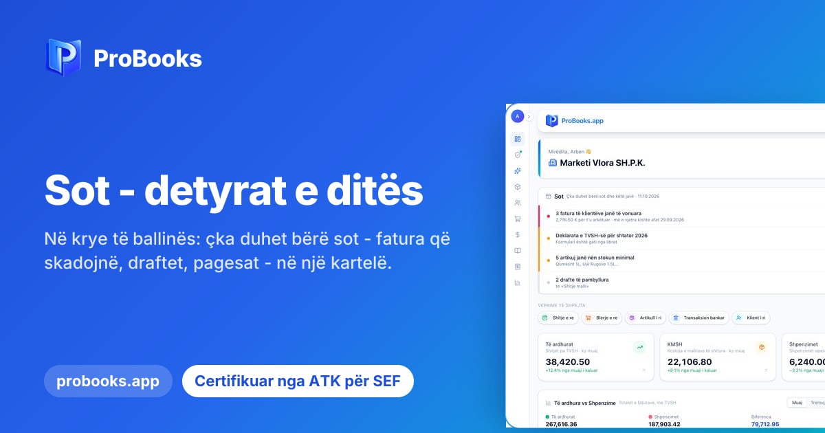 Ballina e kompanisë në ProBooks me kartelën Sot në krye, zilen e njoftimeve dhe treguesit kryesorë