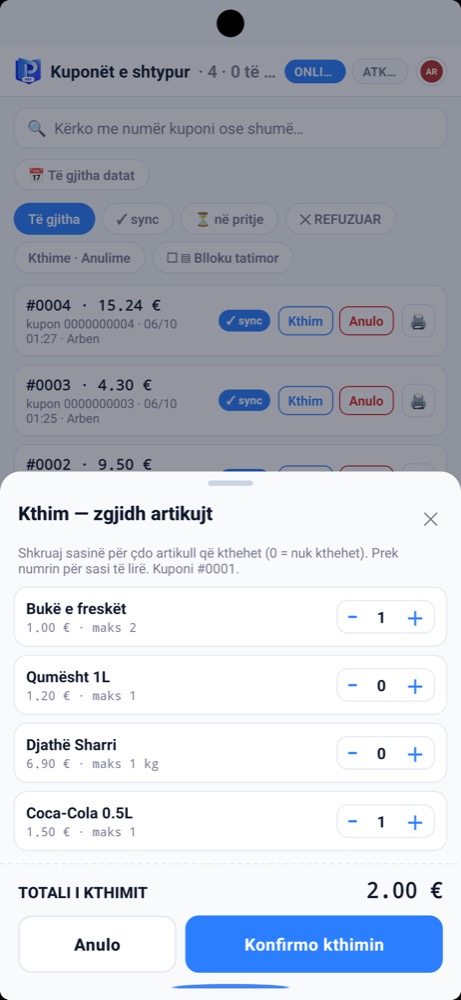 SEF · Android - Kthimi i artikujve