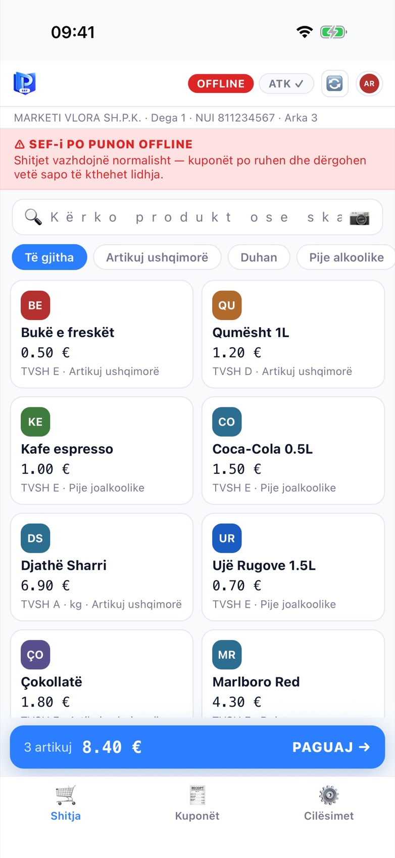 Banderola SEF-i po punon offline në ekranin e shitjes