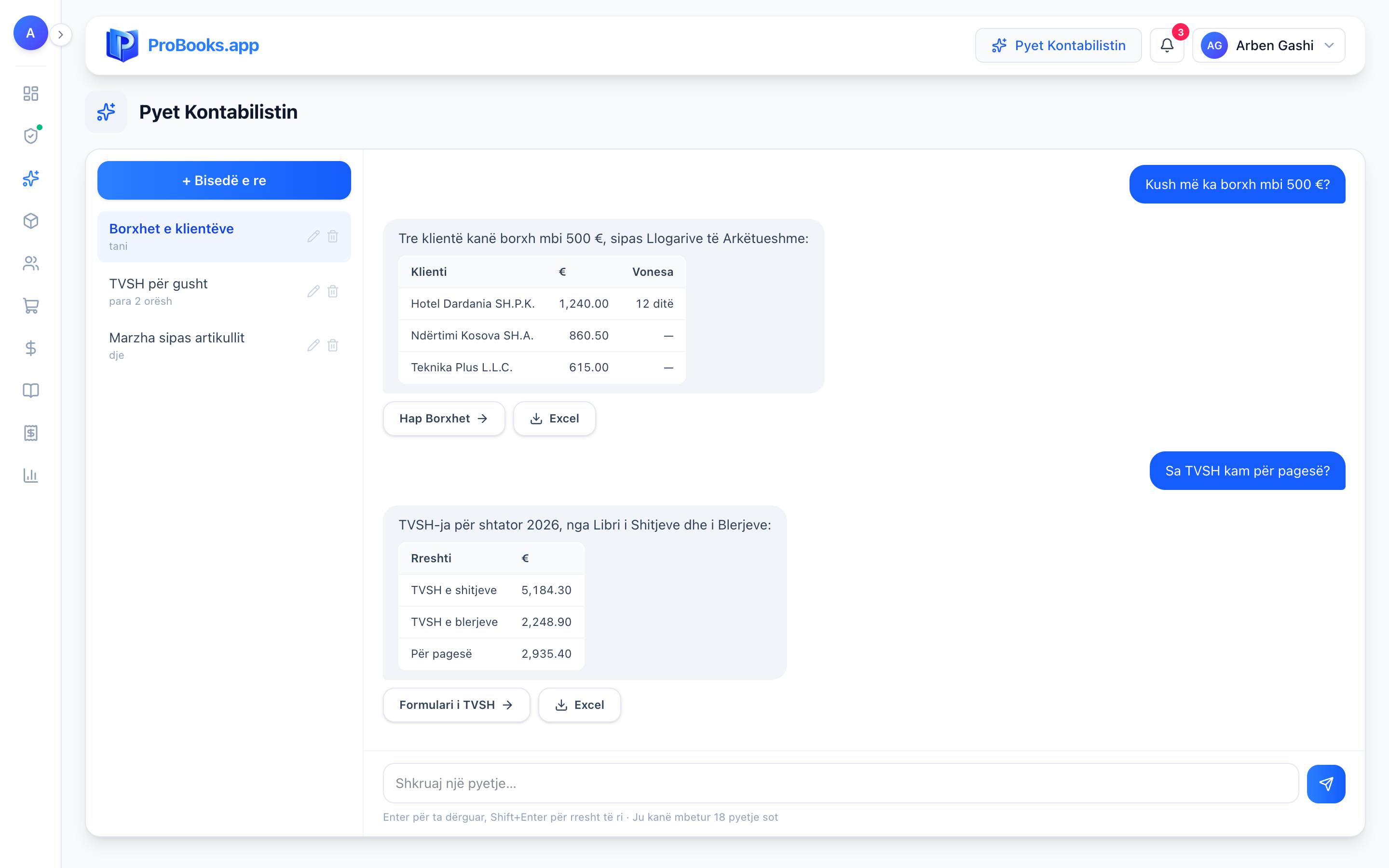 Dashboard - Pyet Kontabilistin: përgjigje me tabela nga librat tuaj